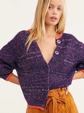 Free People XS Walk On By Purple Orange Snap Yarn Boxy Cardigan Sweater NWT